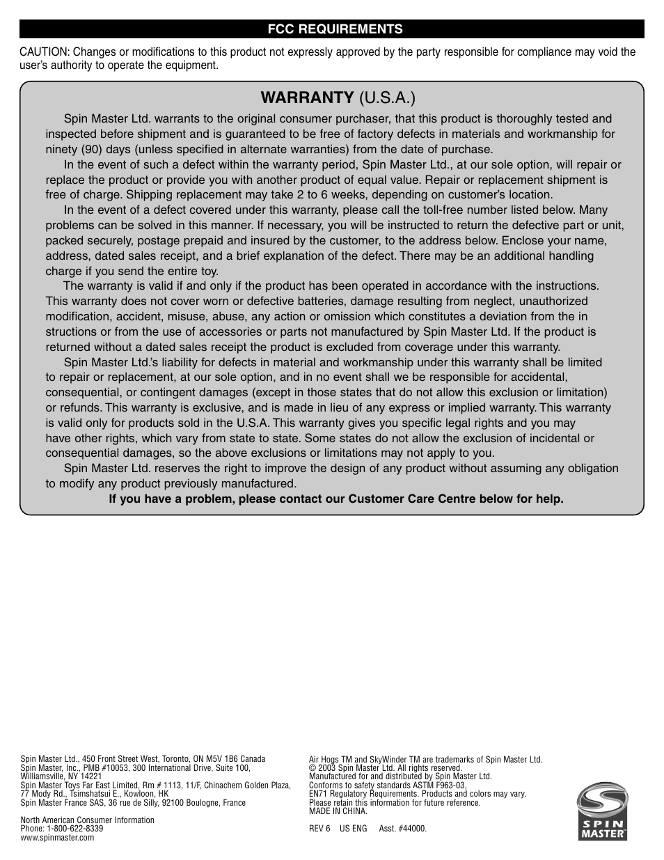 Warranty (u.s.a.) | Spin Master Air Hogs Skywinder User Manual | Page 8 / 8
