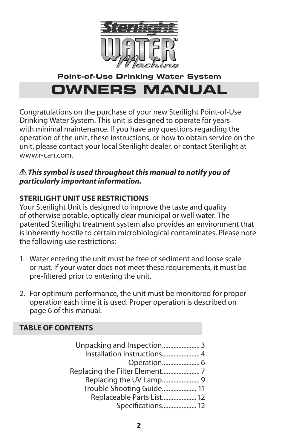 Owners manual | Sterilite Point-of-Use Drinking Water System User Manual | Page 2 / 12