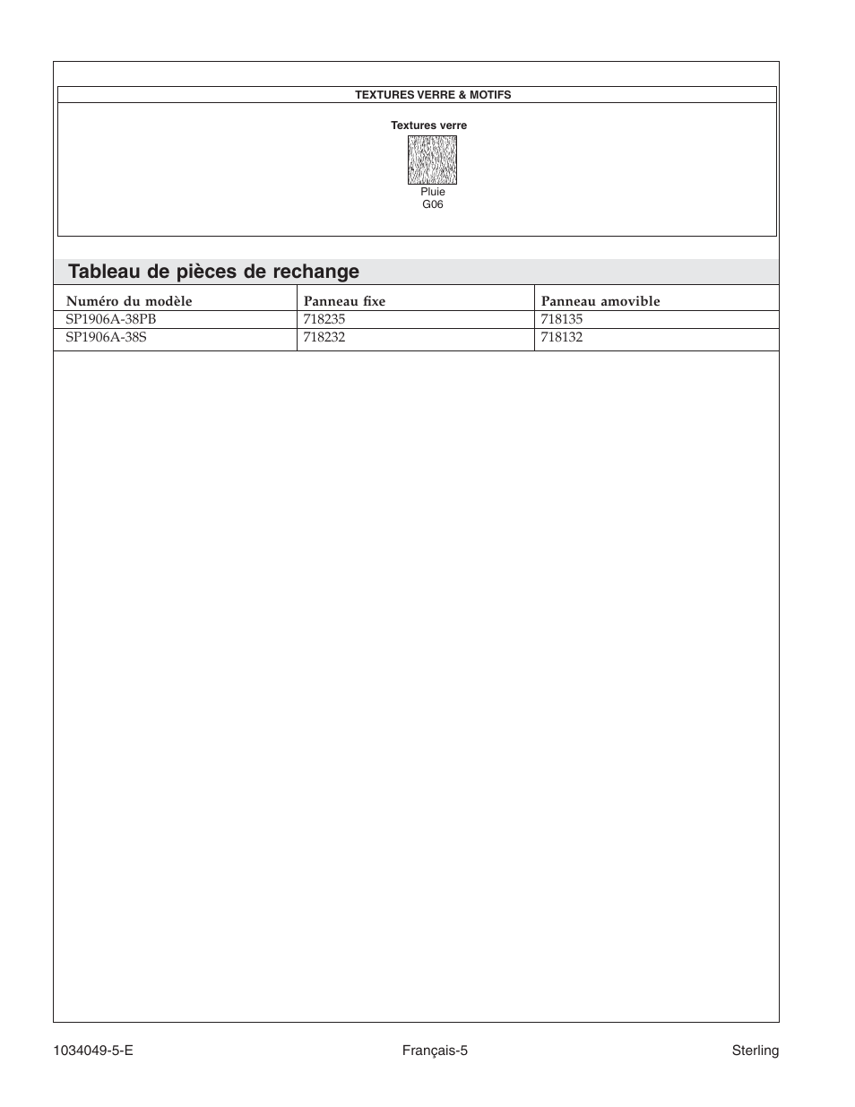 Tableau de pièces de rechange | Sterilite Neo-Angle Shower Door SP1900A User Manual | Page 10 / 16