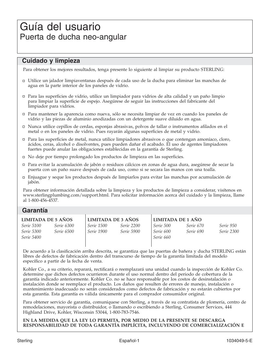 Guía del usuario, Puerta de ducha neo-angular, Cuidado y limpieza | Garantía | Sterilite Neo-Angle Shower Door SP1900A User Manual | Page 11 / 16