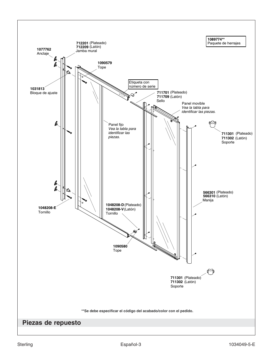 Piezas de repuesto | Sterilite Neo-Angle Shower Door SP1900A User Manual | Page 13 / 16