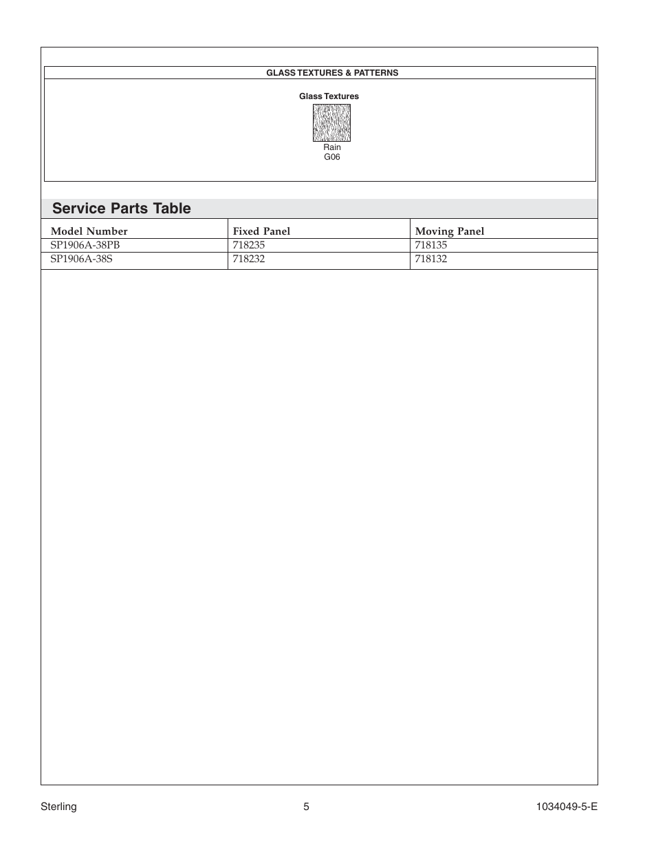 Service parts table | Sterilite Neo-Angle Shower Door SP1900A User Manual | Page 5 / 16