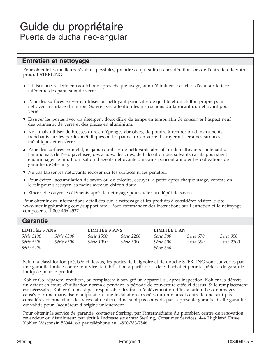 Guide du propriétaire, Puerta de ducha neo-angular, Entretien et nettoyage | Garantie | Sterilite Neo-Angle Shower Door SP1900A User Manual | Page 6 / 16