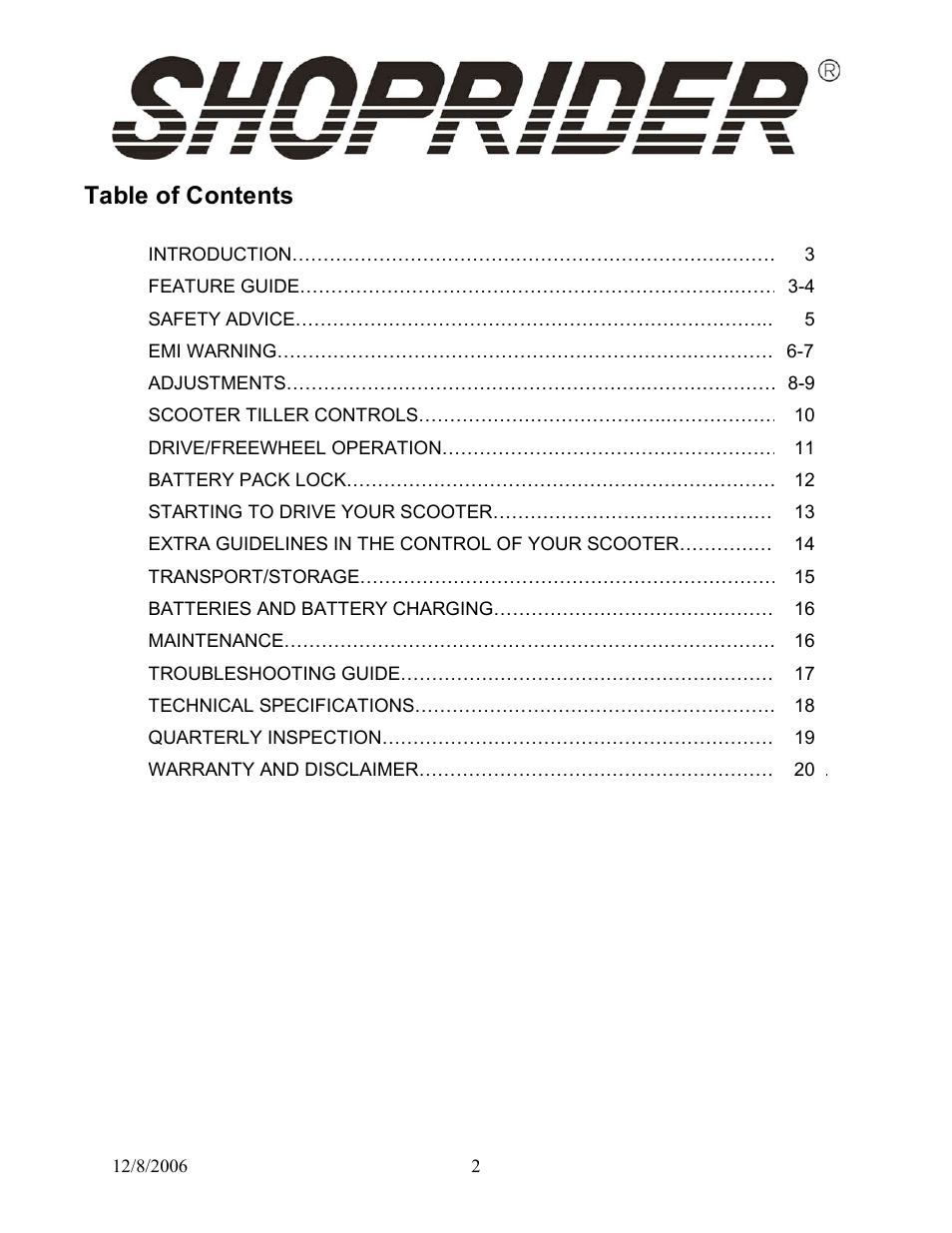 Shoprider Dasher 4 User Manual | Page 2 / 20