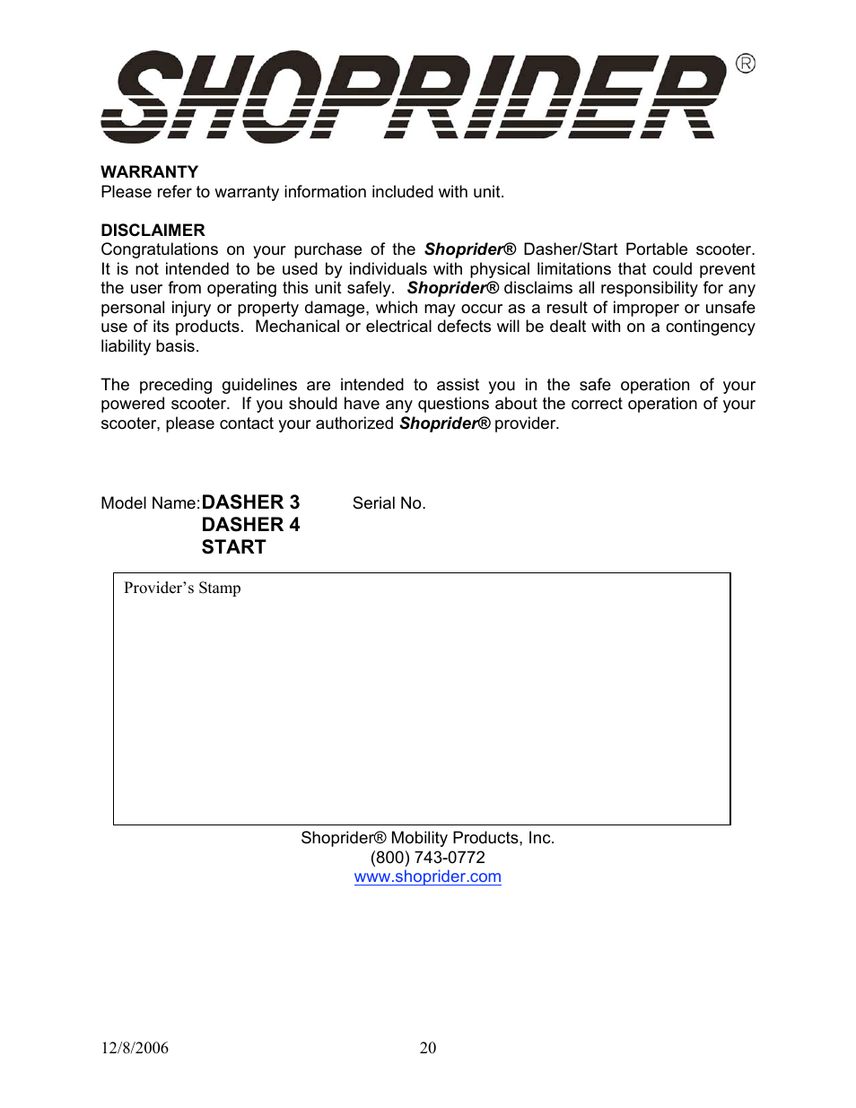 Shoprider Dasher 4 User Manual | Page 20 / 20