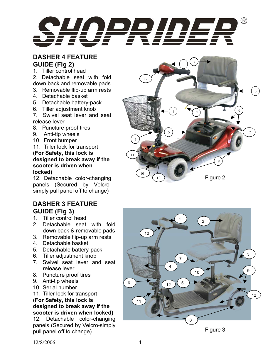 Dasher 4 feature guide (fig 2), Dasher 3 feature guide (fig 3) | Shoprider Dasher 4 User Manual | Page 4 / 20