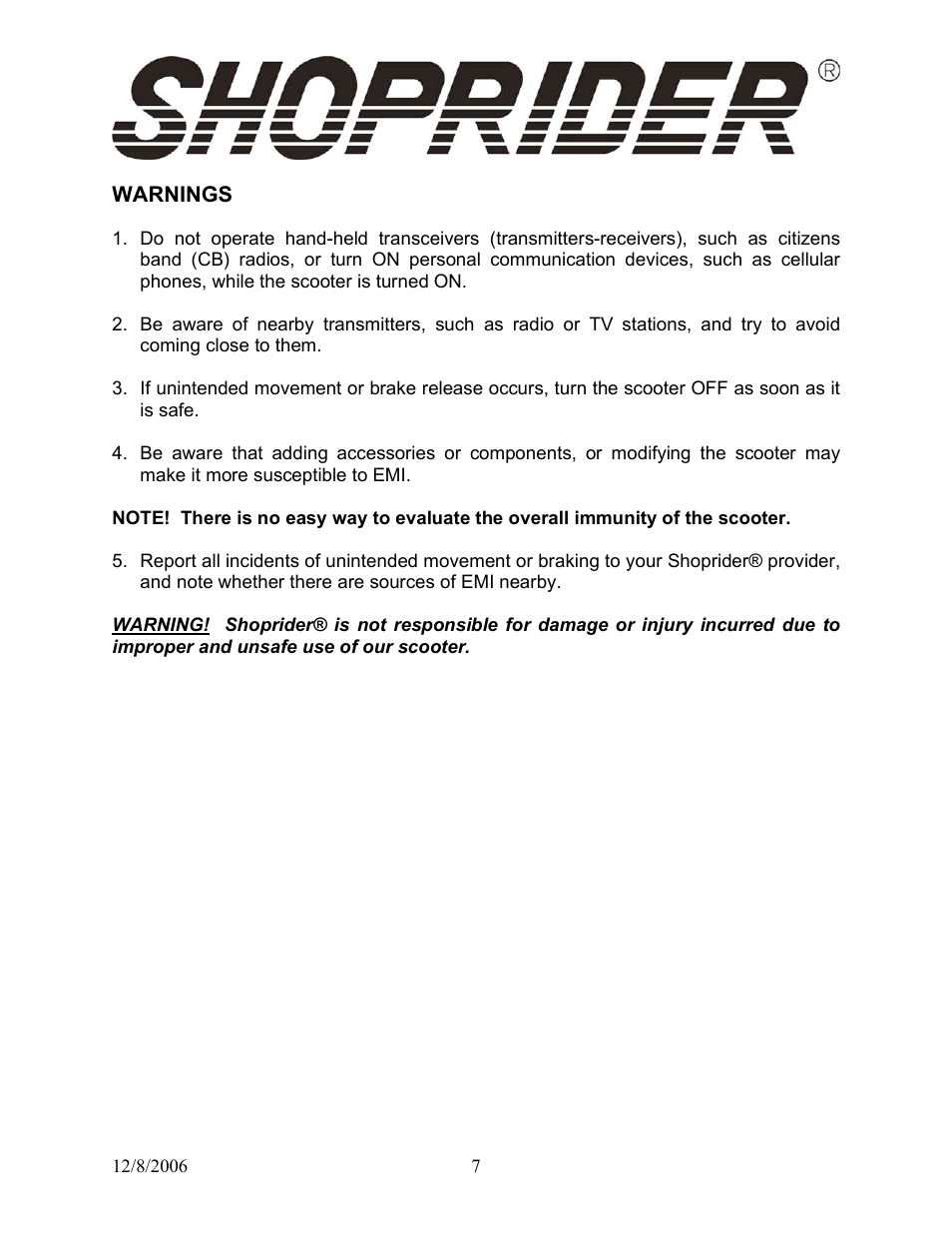 Shoprider Dasher 4 User Manual | Page 7 / 20