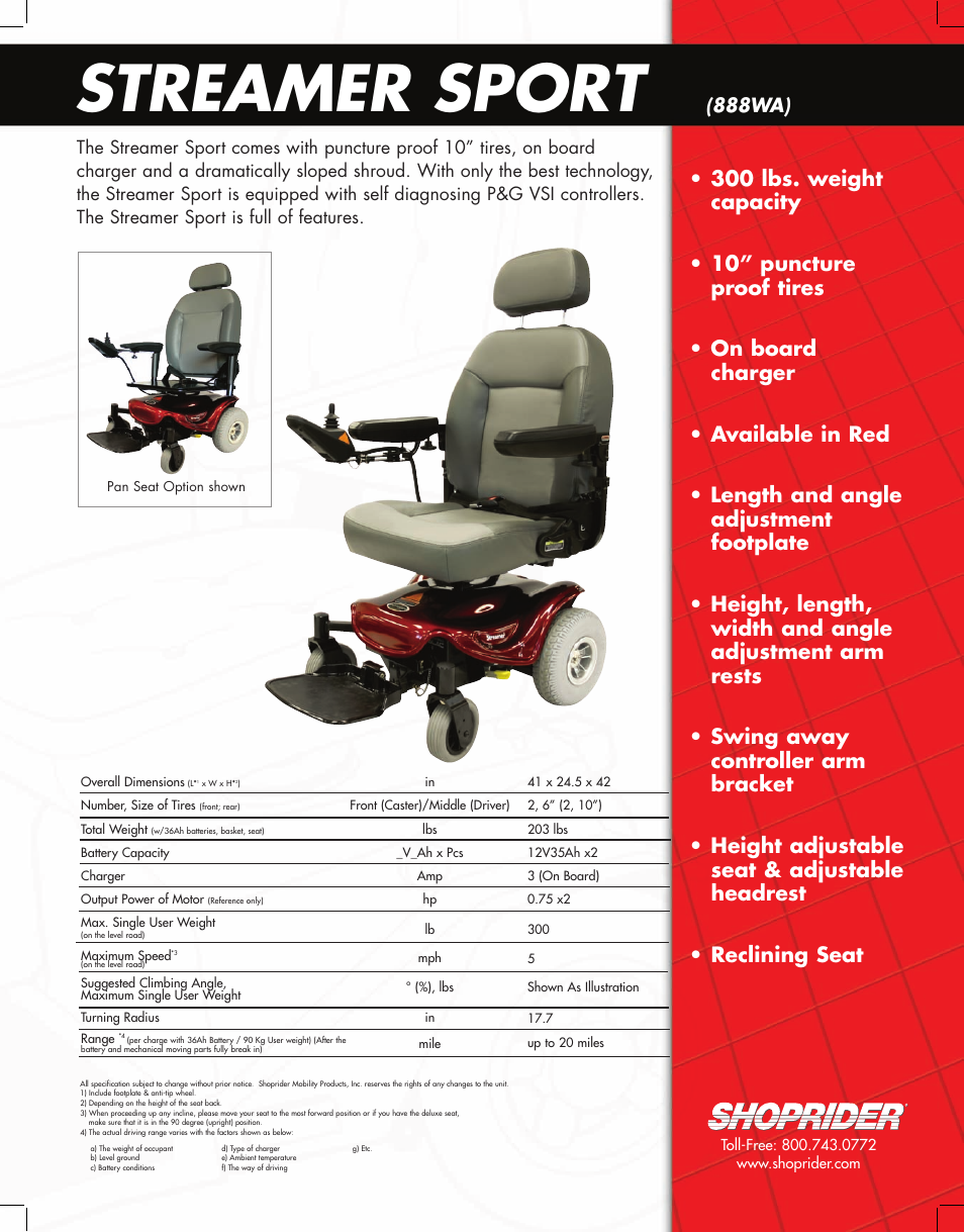 Shoprider Streamer Sport 888WA User Manual | 1 page
