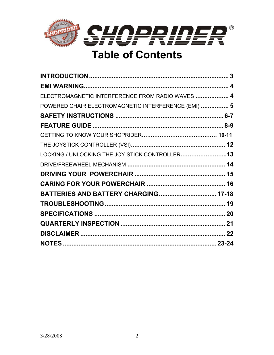 Shoprider 858WM User Manual | Page 2 / 24