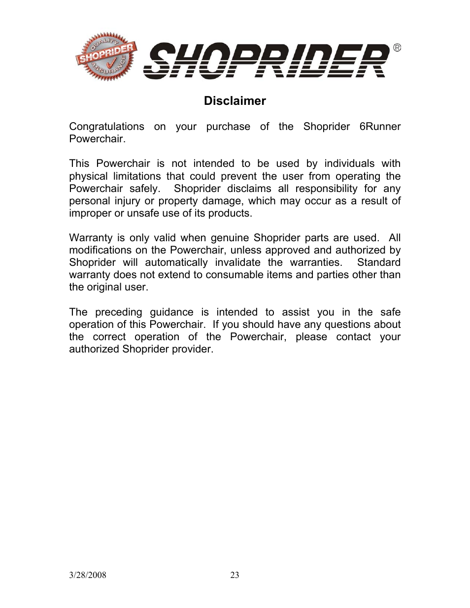 Disclaimer | Shoprider 858WM User Manual | Page 23 / 24