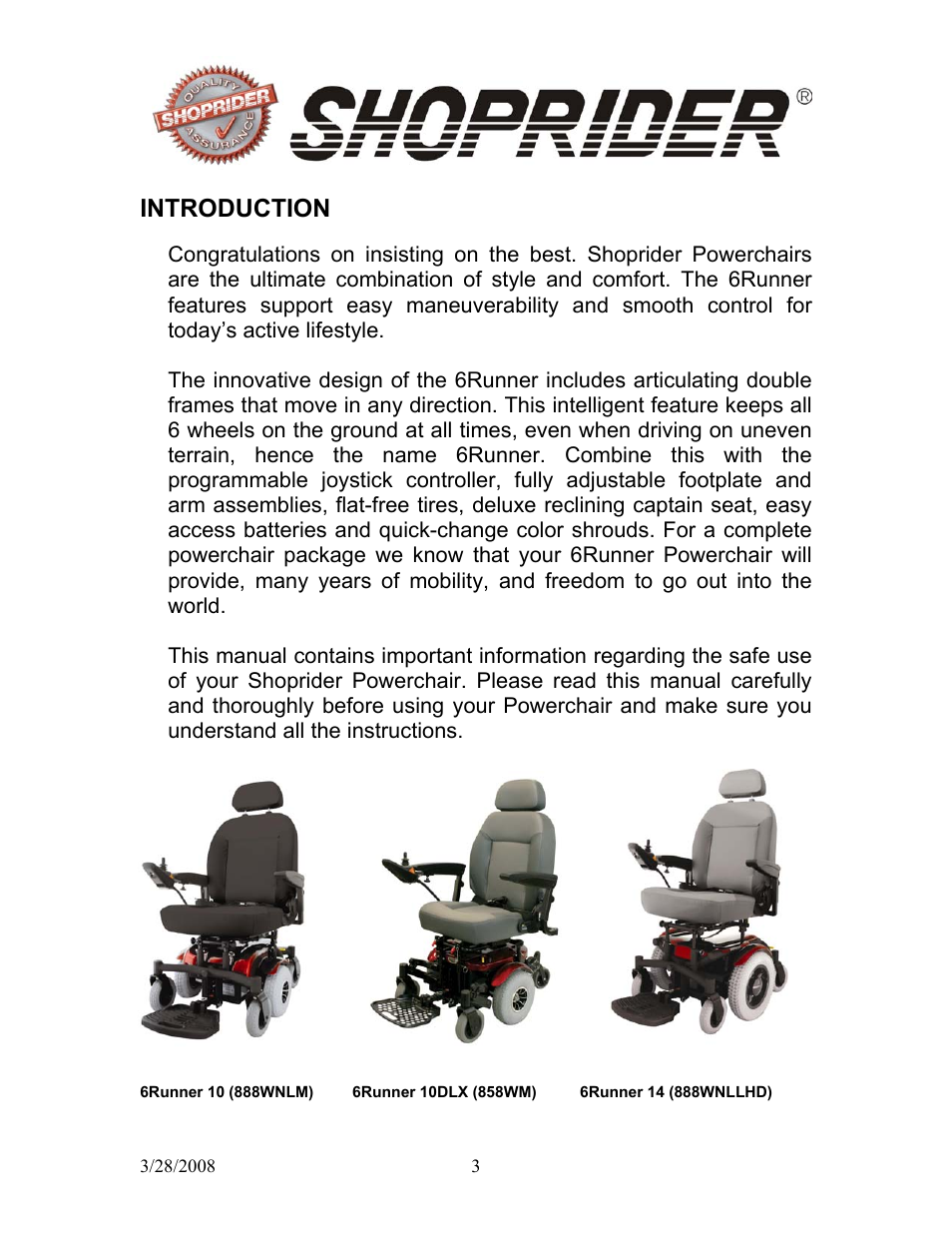 Introduction | Shoprider 858WM User Manual | Page 3 / 24