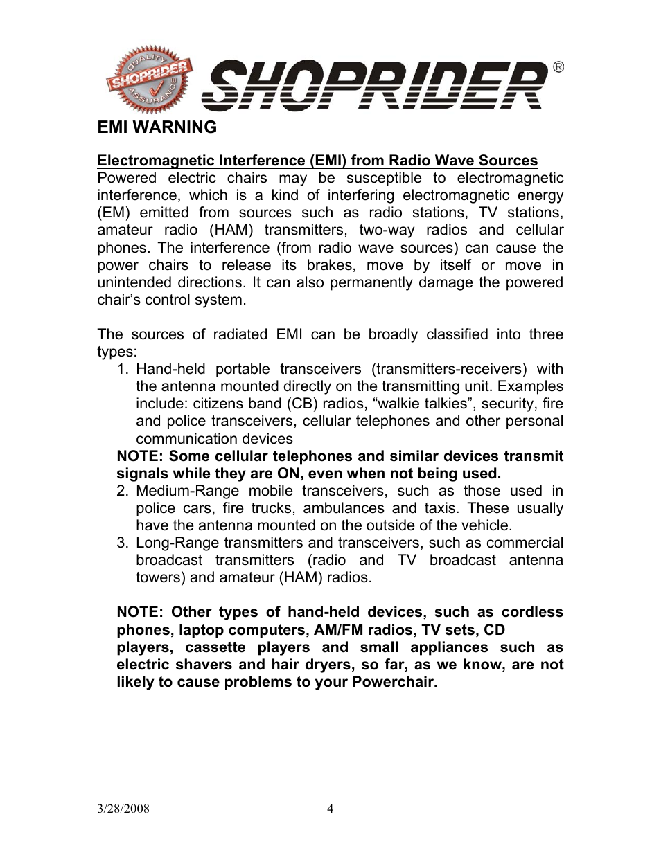 Emi warning | Shoprider 858WM User Manual | Page 4 / 24