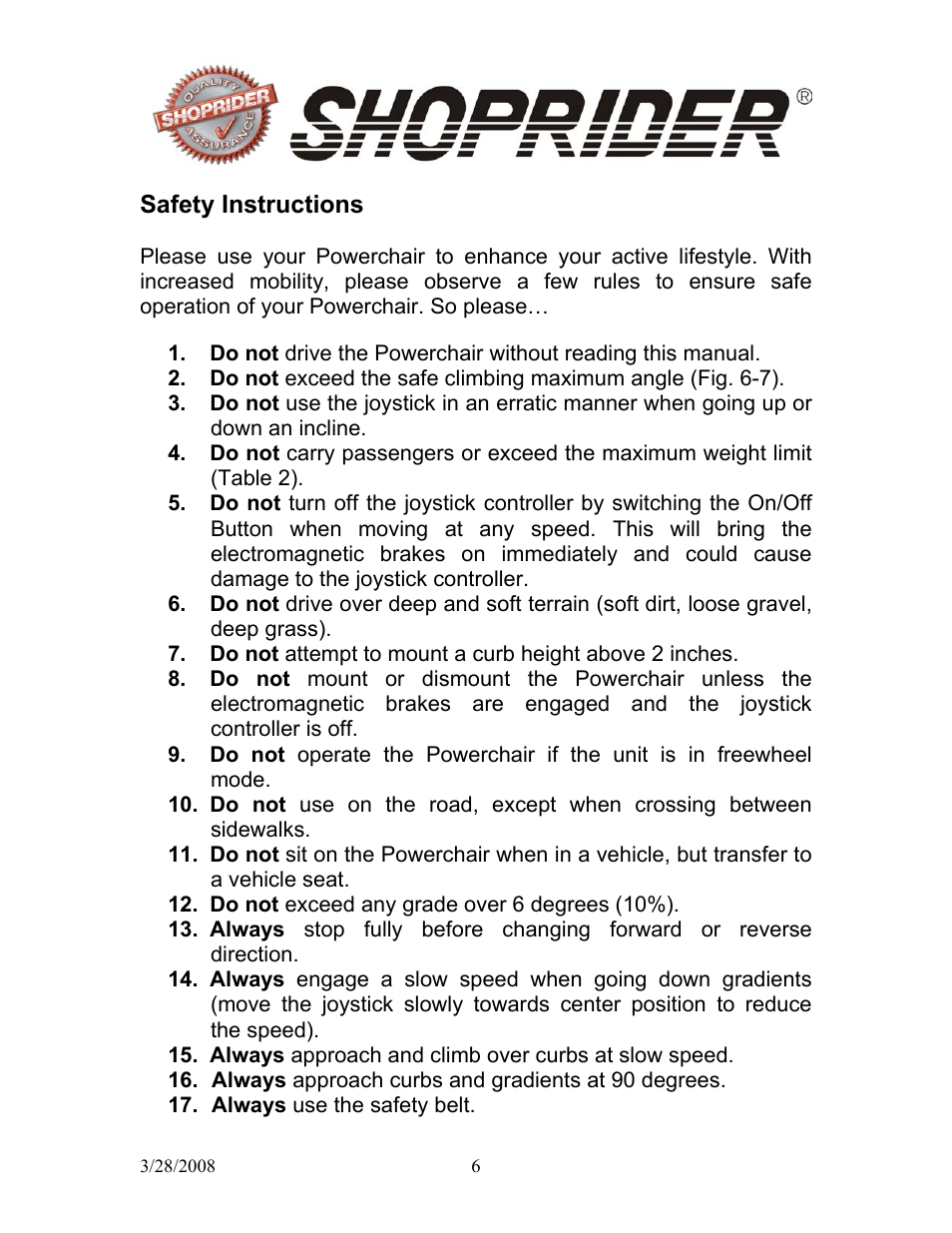 Shoprider 858WM User Manual | Page 6 / 24