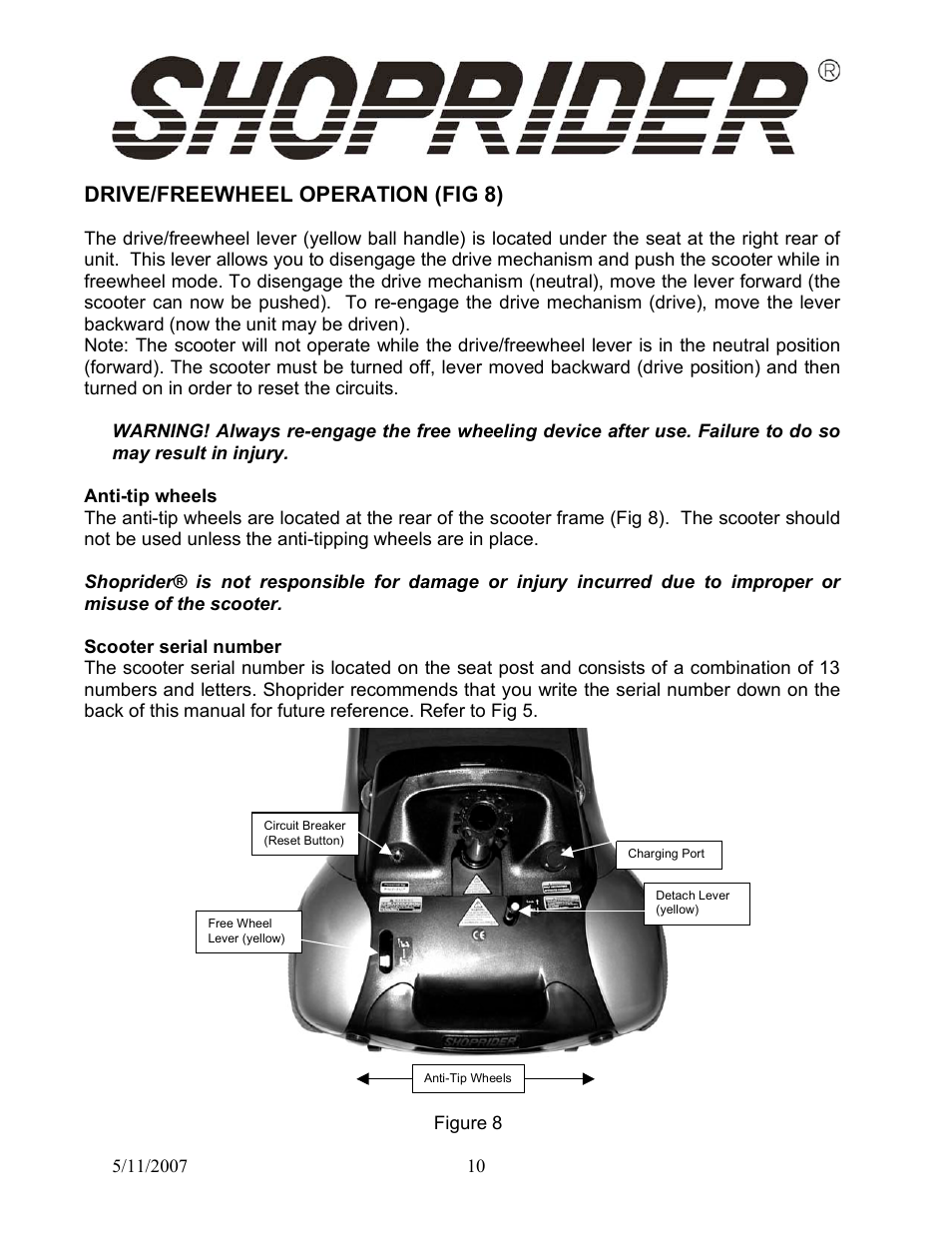 Drive/freewheel operation (fig 8) | Shoprider Dasher 9 User Manual | Page 10 / 18