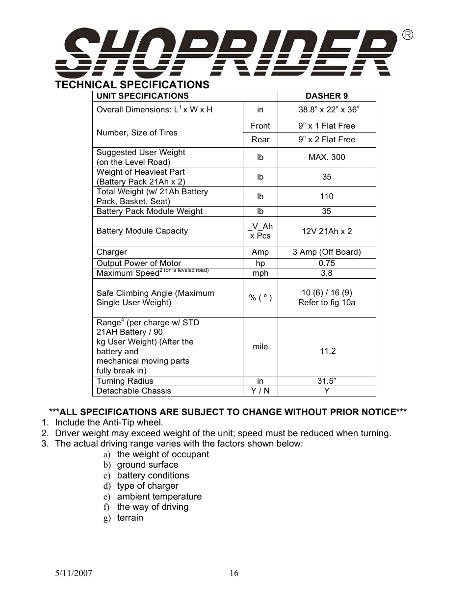 Technical specifications | Shoprider Dasher 9 User Manual | Page 16 / 18