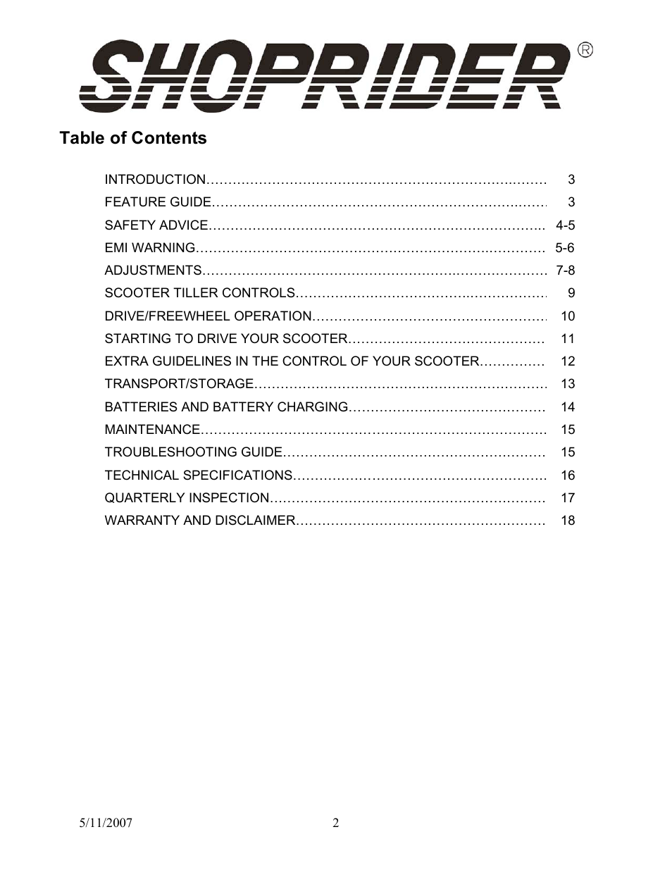 Shoprider Dasher 9 User Manual | Page 2 / 18