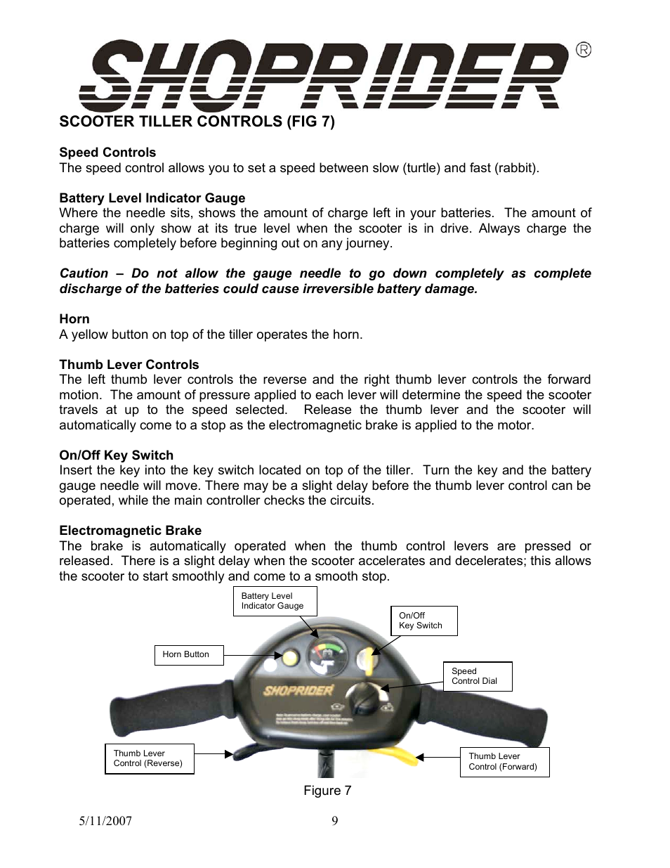 Scooter tiller controls, Fig 7) | Shoprider Dasher 9 User Manual | Page 9 / 18