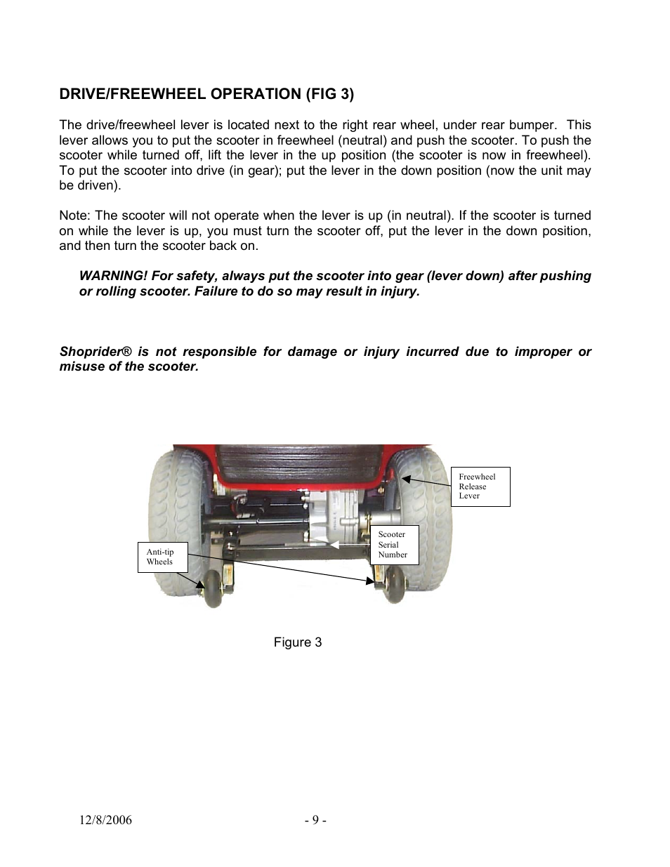 Drive/freewheel operation (fig 3) | Shoprider TE-889XLSN User Manual | Page 9 / 16