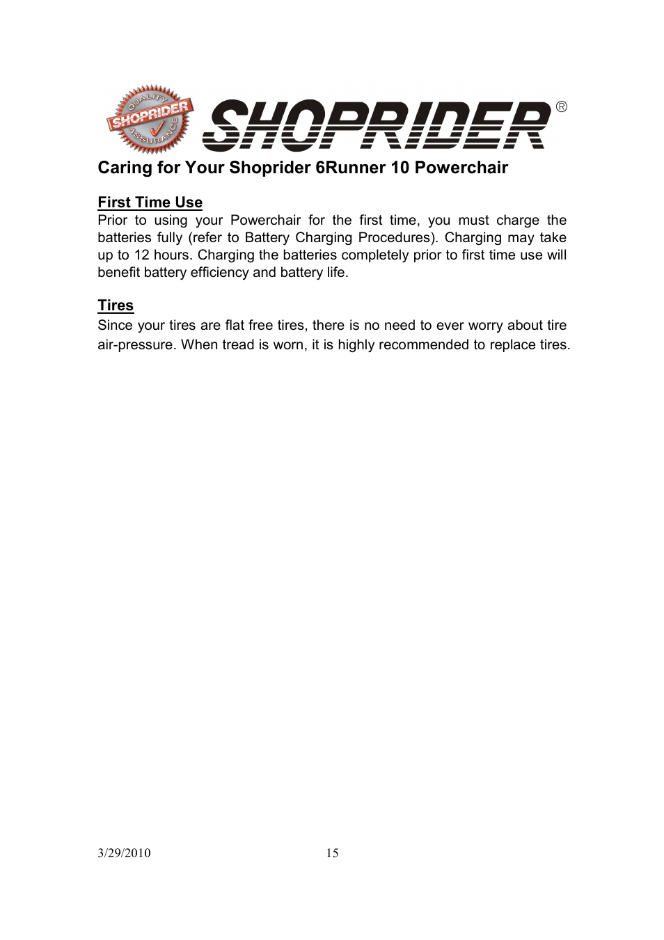 Caring for your shoprider 6runner 10 powerchair | Shoprider 888WNLM User Manual | Page 15 / 24