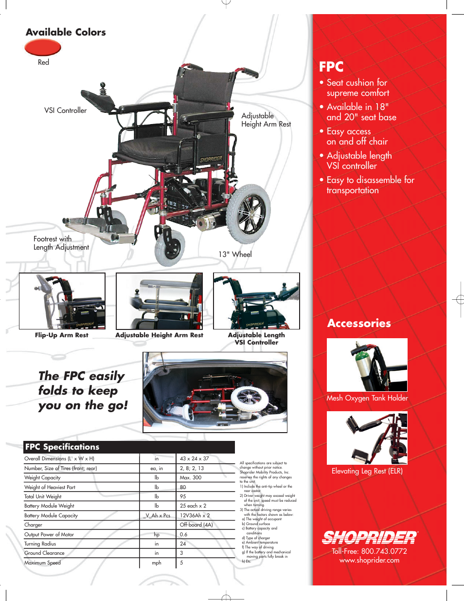 The fpc easily folds to keep you on the go, Accessories, Available colors | Fpc specifications | Shoprider FPC none User Manual | Page 2 / 2