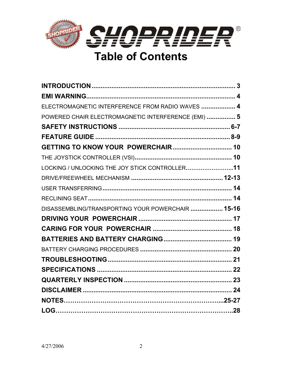 Shoprider WS 888WS User Manual | Page 2 / 28