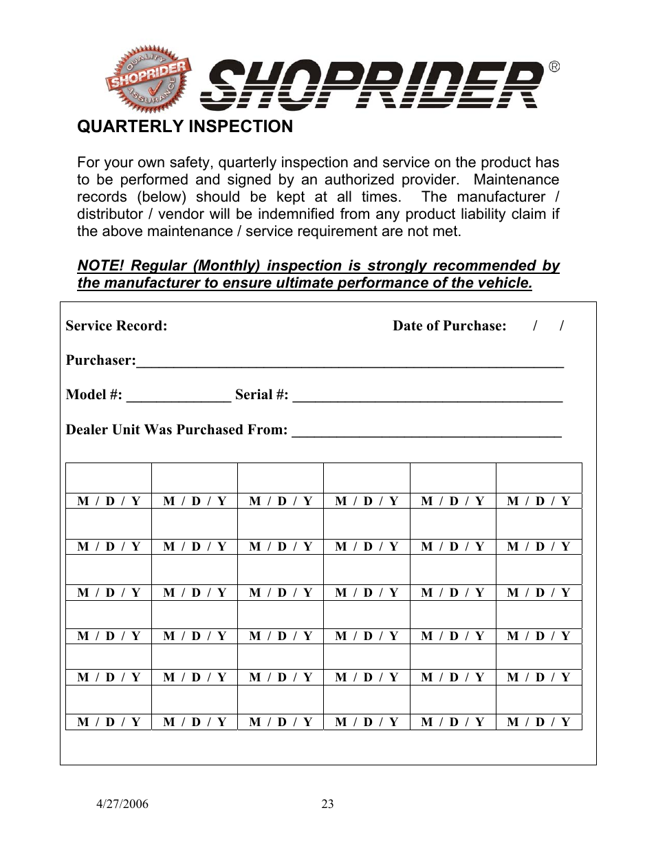 Quarterly inspection | Shoprider WS 888WS User Manual | Page 23 / 28