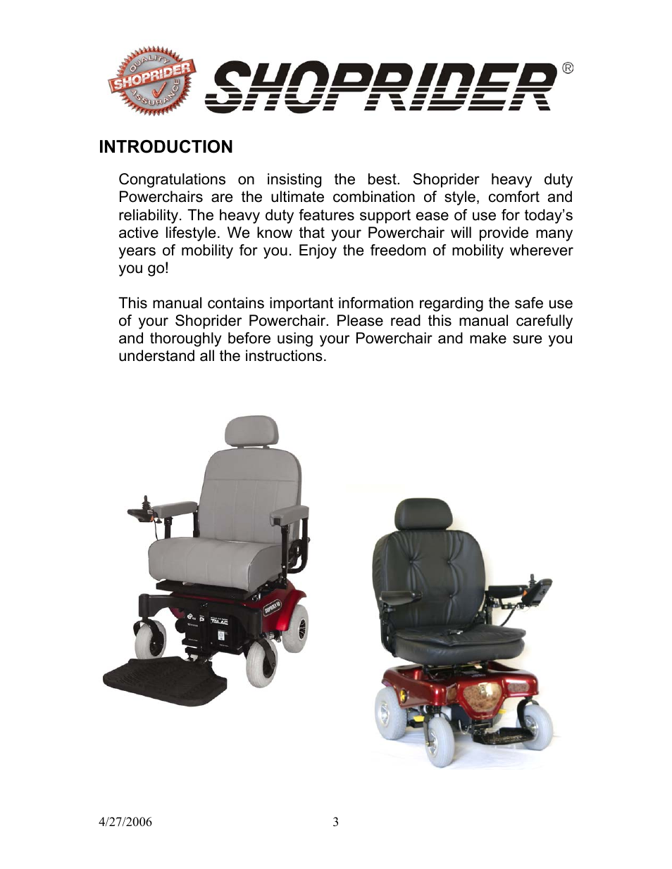 Introduction | Shoprider WS 888WS User Manual | Page 3 / 28