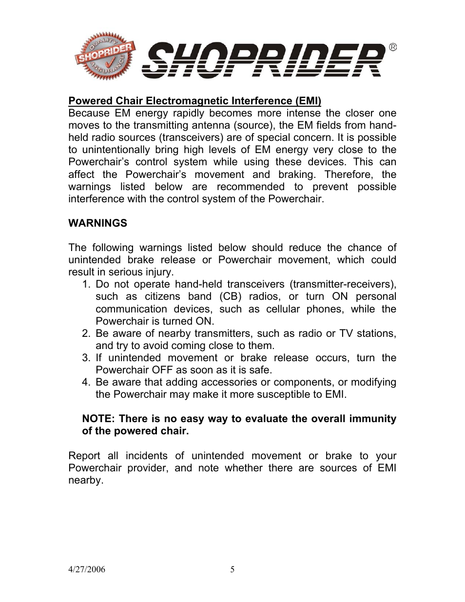 Shoprider WS 888WS User Manual | Page 5 / 28