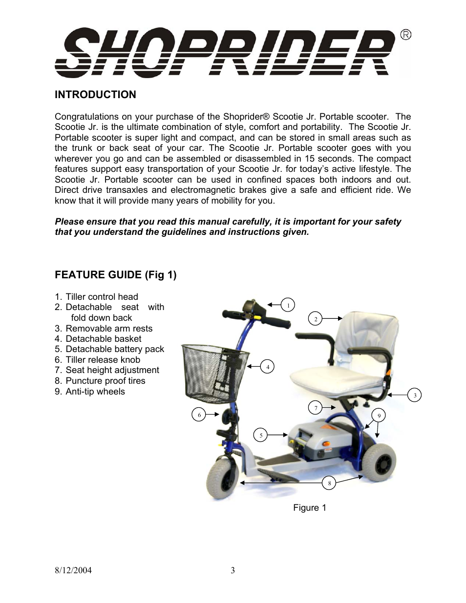 Introduction, Feature guide (fig 1) | Shoprider TE-787M User Manual | Page 3 / 18