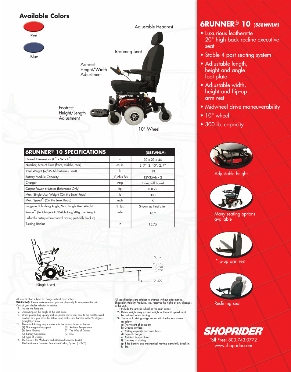 6runner, Available colors, 10 specifications | Shoprider 6 Runner 10 888WNLM User Manual | Page 2 / 2