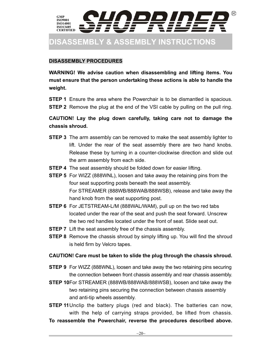 Disassembly & assembly instructions | Shoprider ISO9001 User Manual | Page 21 / 29