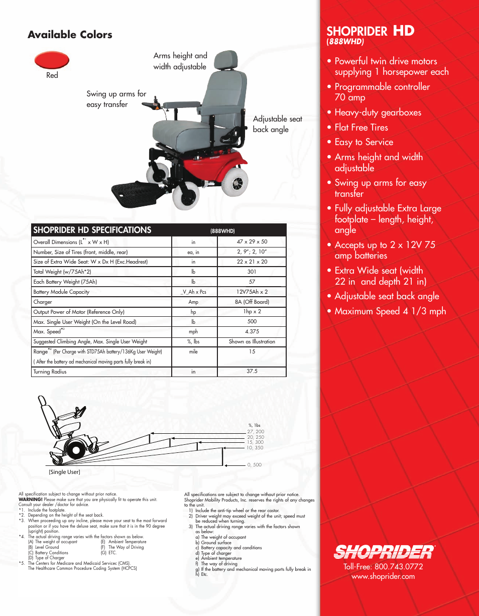 Shoprider, Available colors, Shoprider hd specifications | Shoprider HD 888WHD User Manual | Page 2 / 2