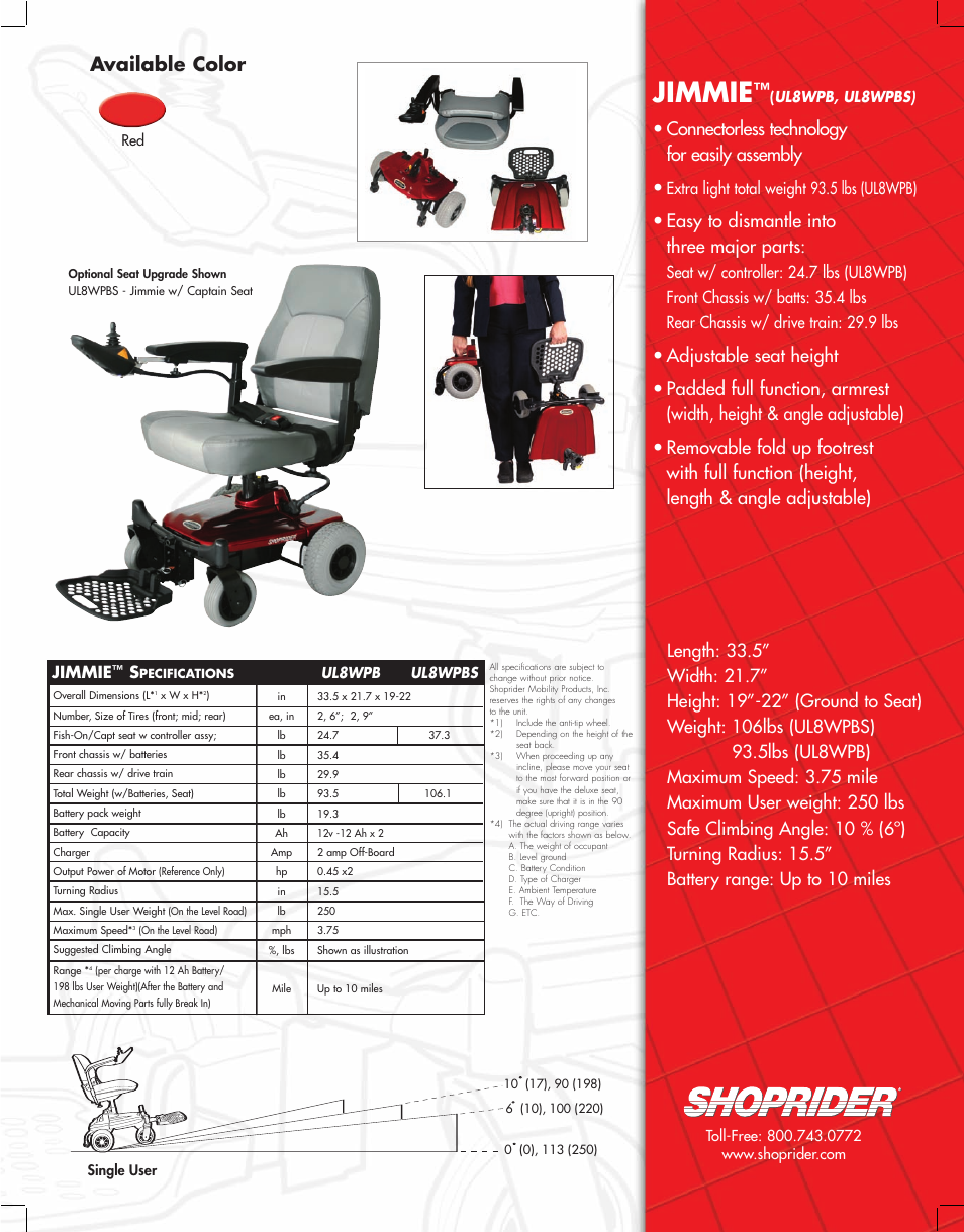 Jimmie, Available color, Connectorless technology for easily assembly | Easy to dismantle into three major parts, Extra light total weight 93.5 lbs (ul8wpb) | Shoprider Jimmie UL8WPB User Manual | Page 2 / 2