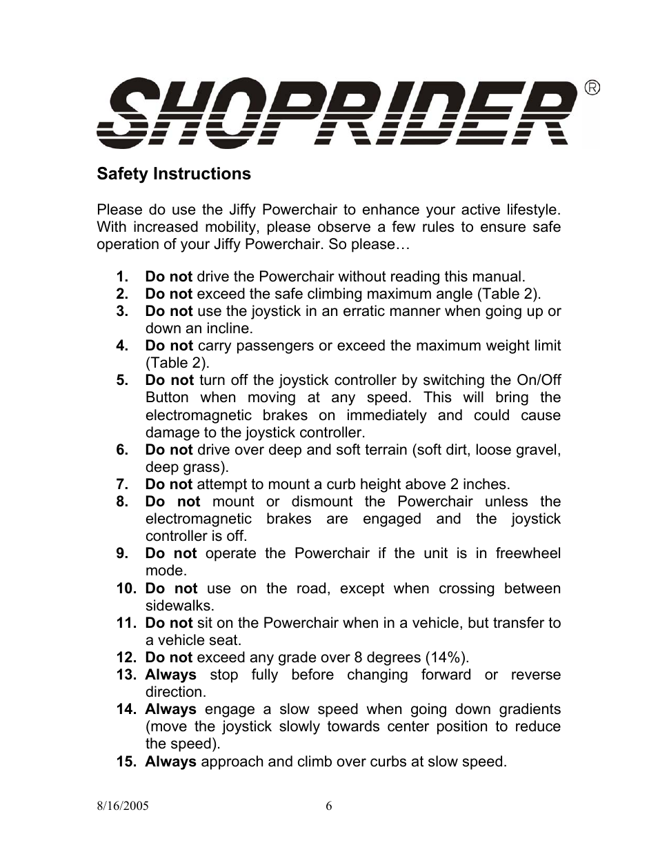 Shoprider UL7WR/ULWR11 User Manual | Page 6 / 24