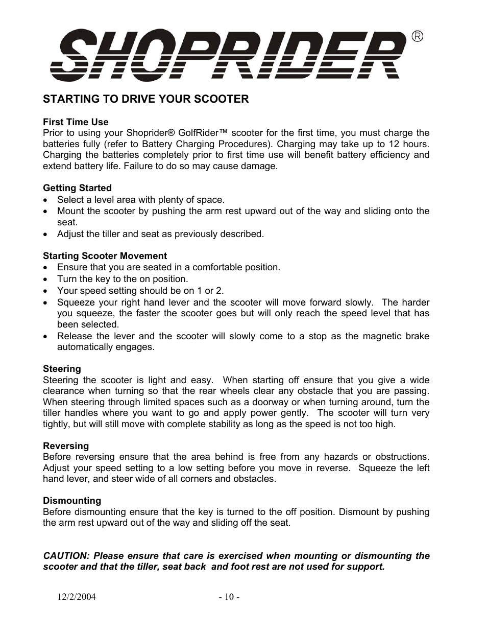 Shoprider Recreational Scooter GR889 User Manual | Page 10 / 17