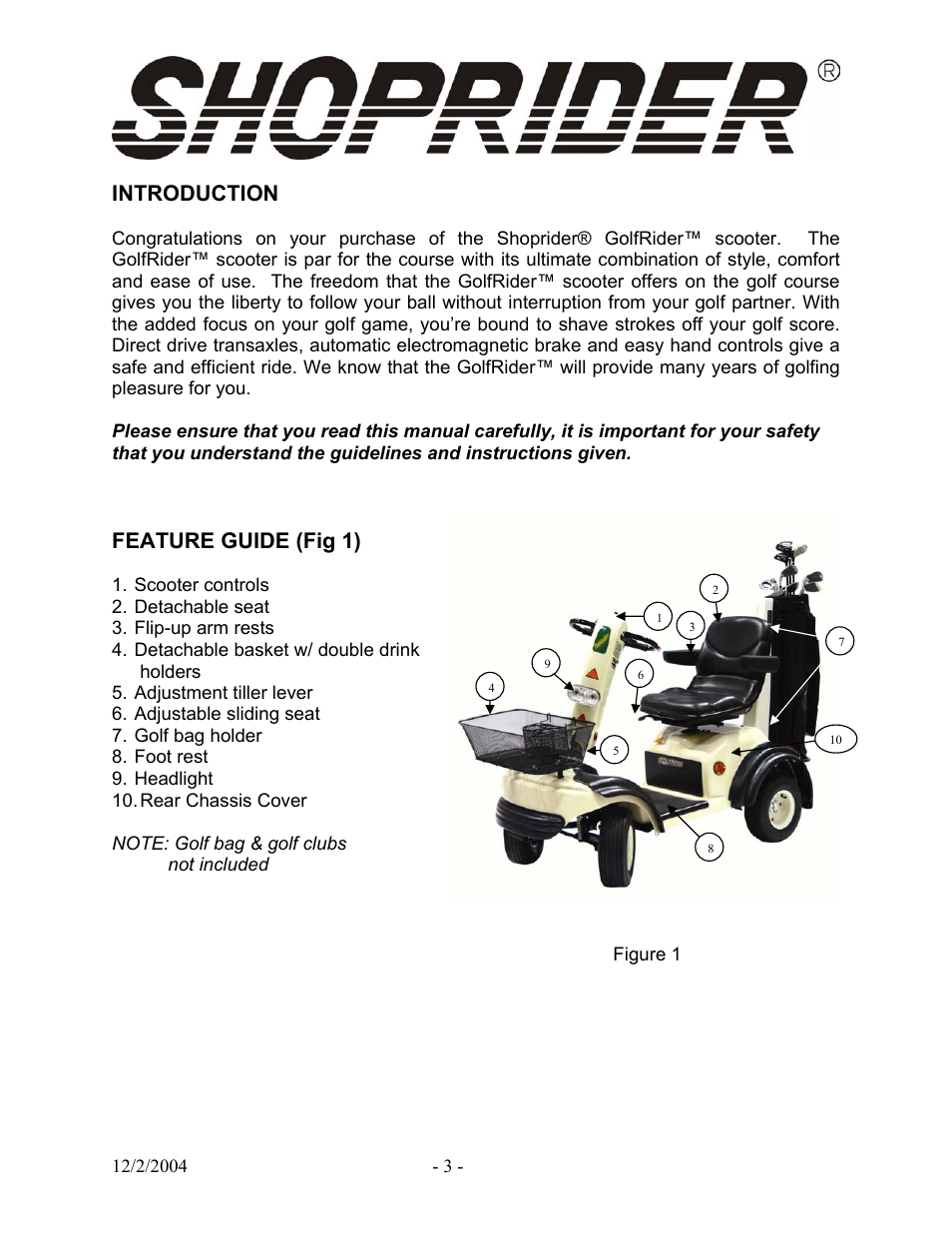 Introduction, Feature guide (fig 1) | Shoprider Recreational Scooter GR889 User Manual | Page 3 / 17