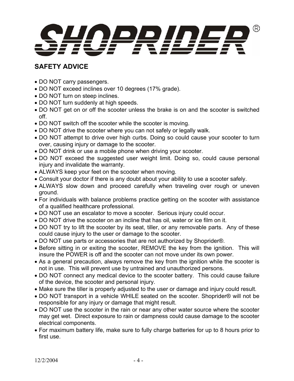 Shoprider Recreational Scooter GR889 User Manual | Page 4 / 17