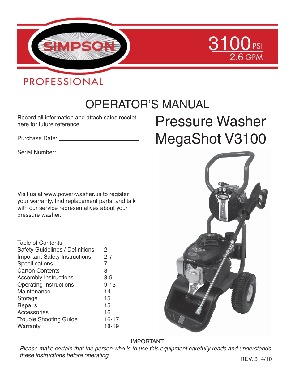 Simpson MEGASHOT V3100 User Manual | 62 pages