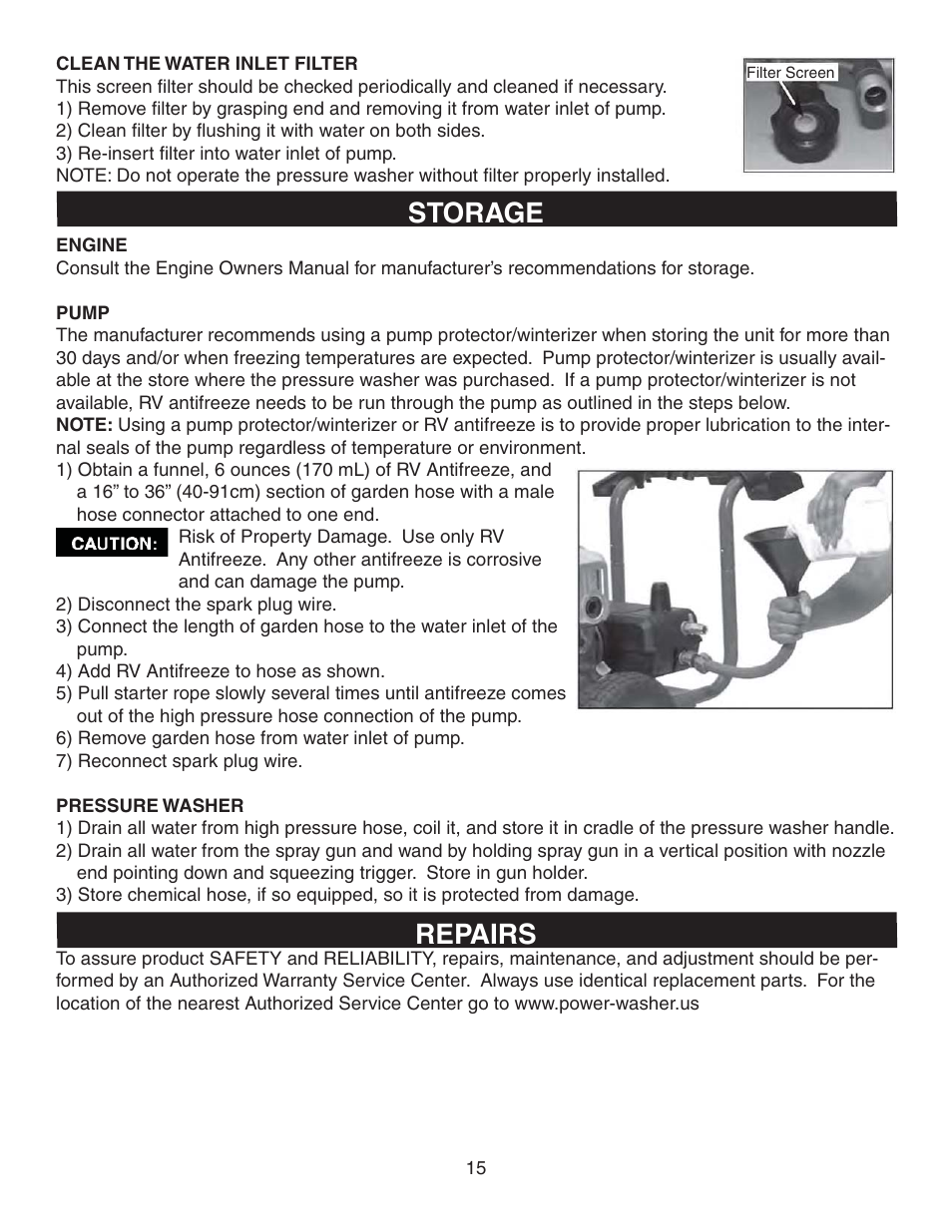 Storage, Repairs | Simpson MEGASHOT V3100 User Manual | Page 15 / 62