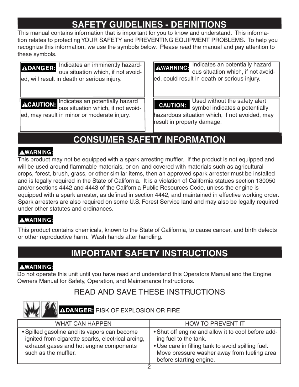 Safety guidelines - definitions, Consumer safety information, Important safety instructions | Read and save these instructions | Simpson MEGASHOT V3100 User Manual | Page 2 / 62