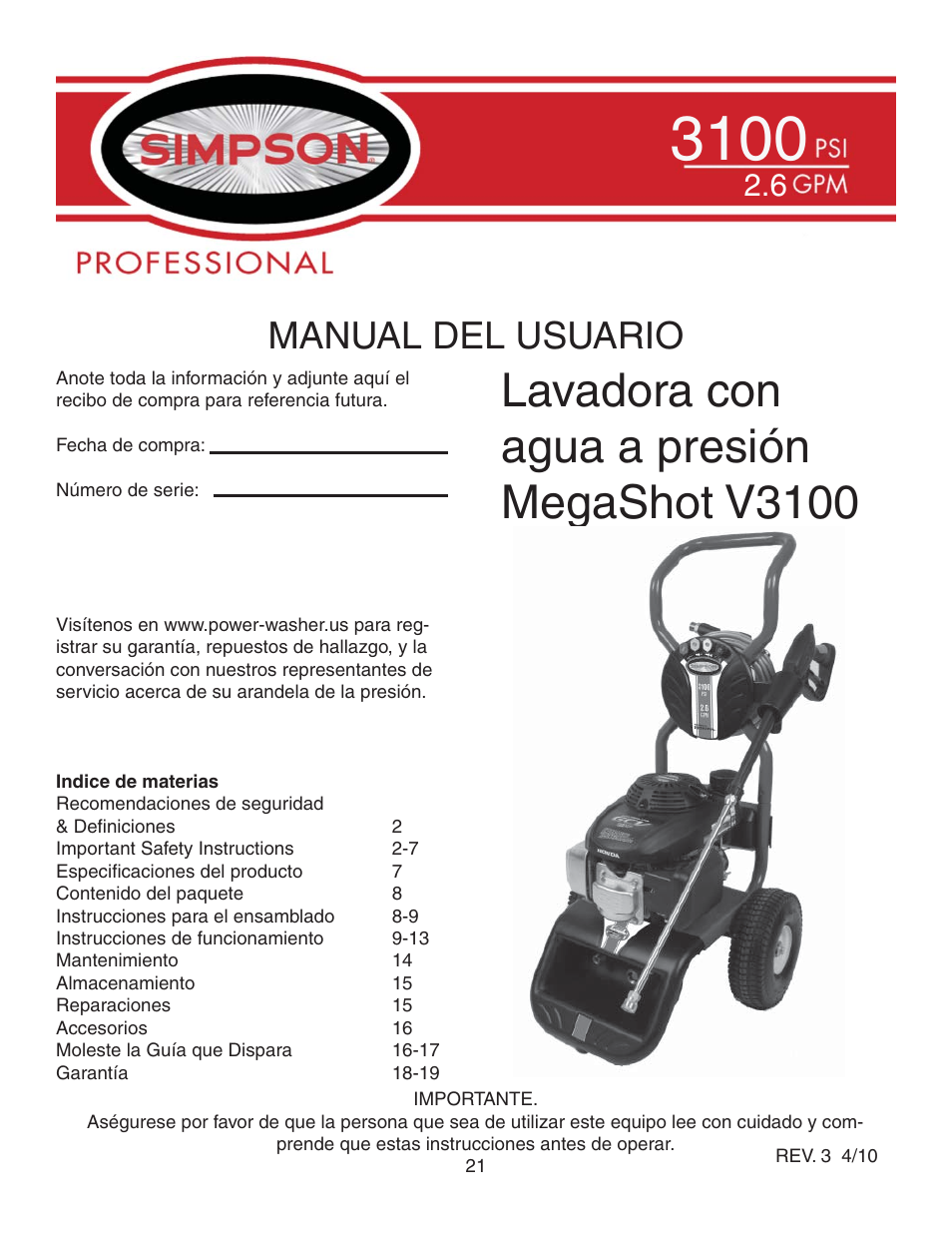 Lavadora con agua a presión megashot v3100, Manual del usuario | Simpson MEGASHOT V3100 User Manual | Page 21 / 62