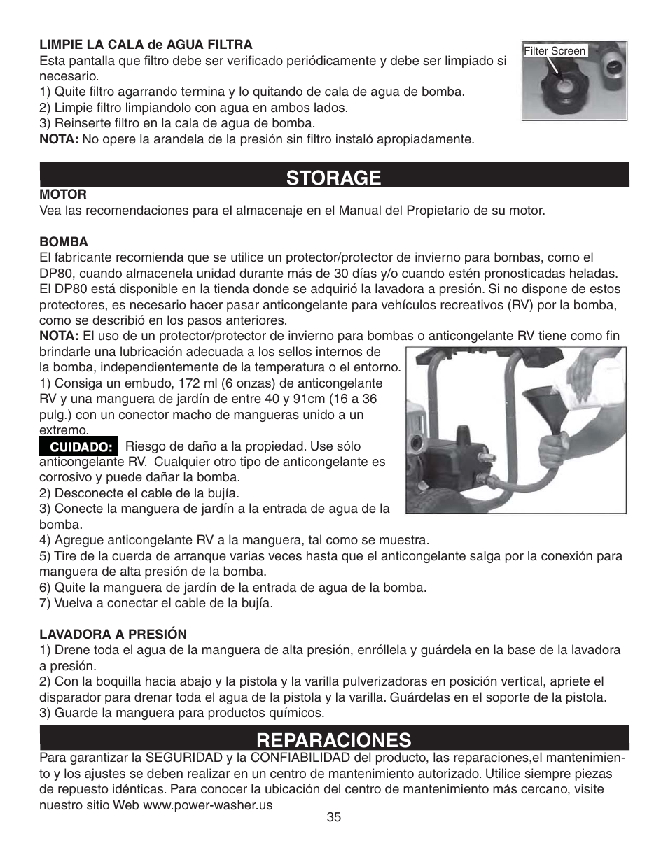 Storage, Reparaciones | Simpson MEGASHOT V3100 User Manual | Page 35 / 62