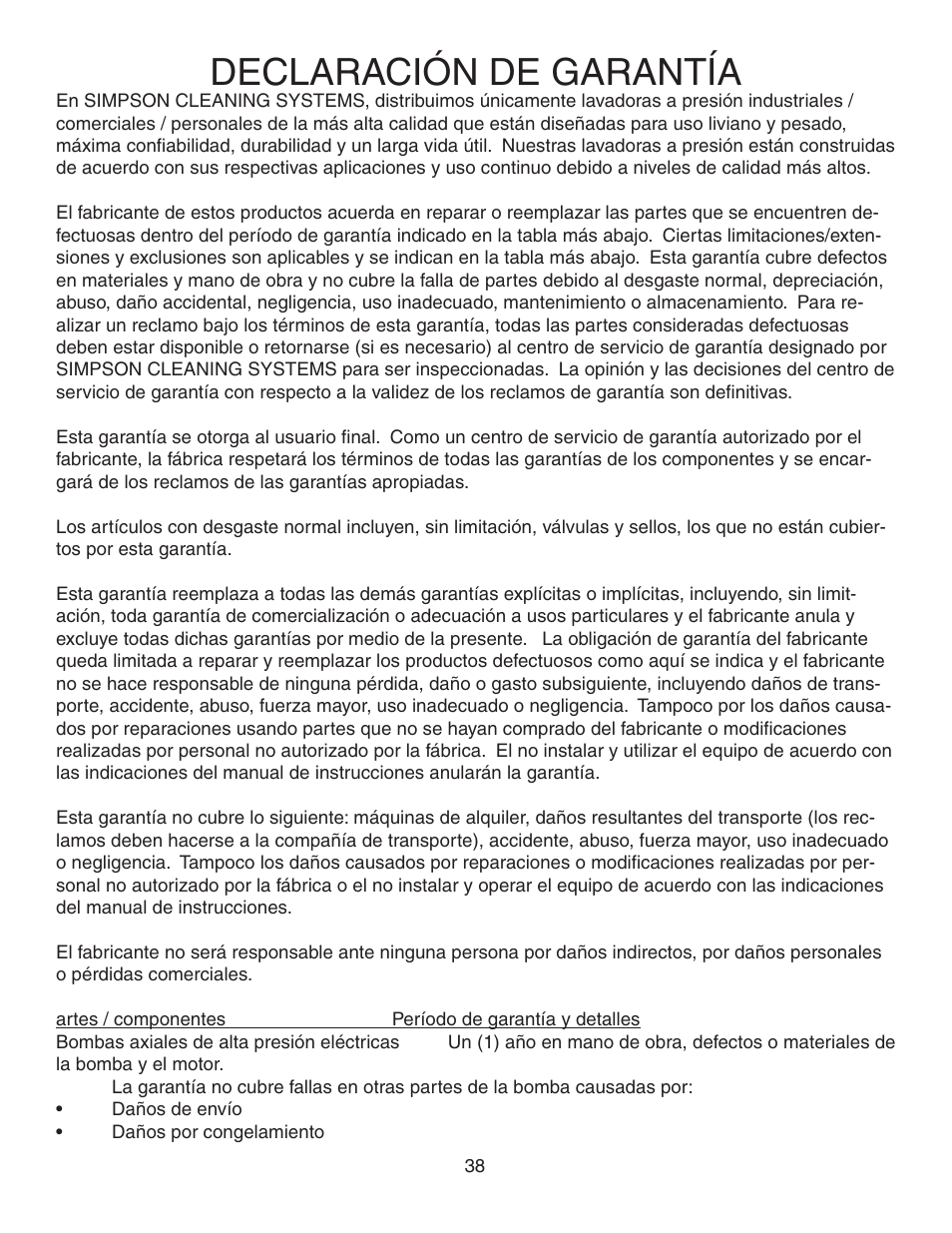 Declaración de garantía | Simpson MEGASHOT V3100 User Manual | Page 38 / 62