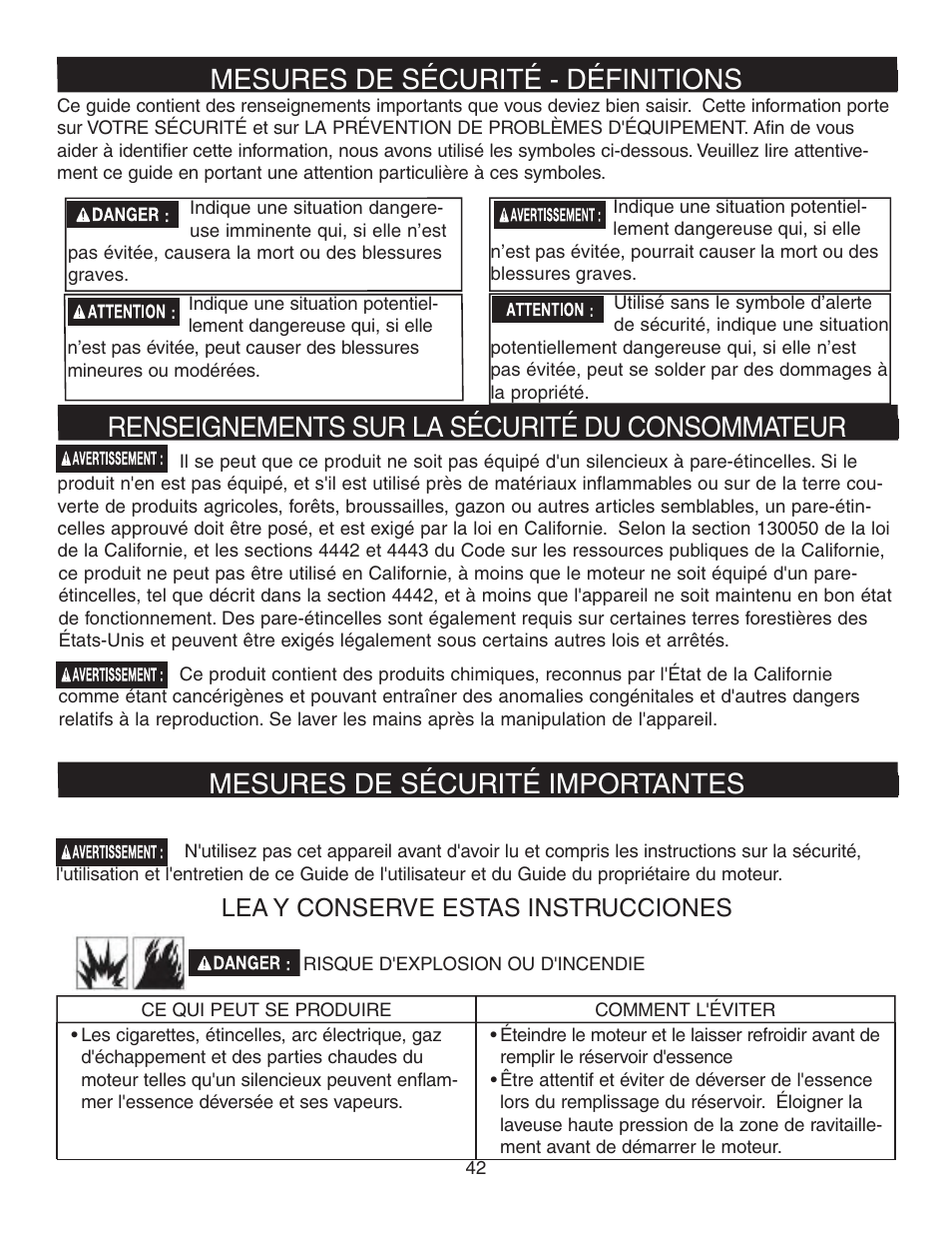 Mesures de sécurité - définitions, Renseignements sur la sécurité du consommateur, Mesures de sécurité importantes | Lea y conserve estas instrucciones | Simpson MEGASHOT V3100 User Manual | Page 42 / 62