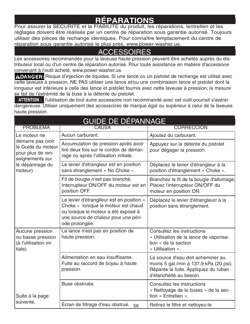 Accessoires guide de dépannage, Réparations | Simpson MEGASHOT V3100 User Manual | Page 56 / 62