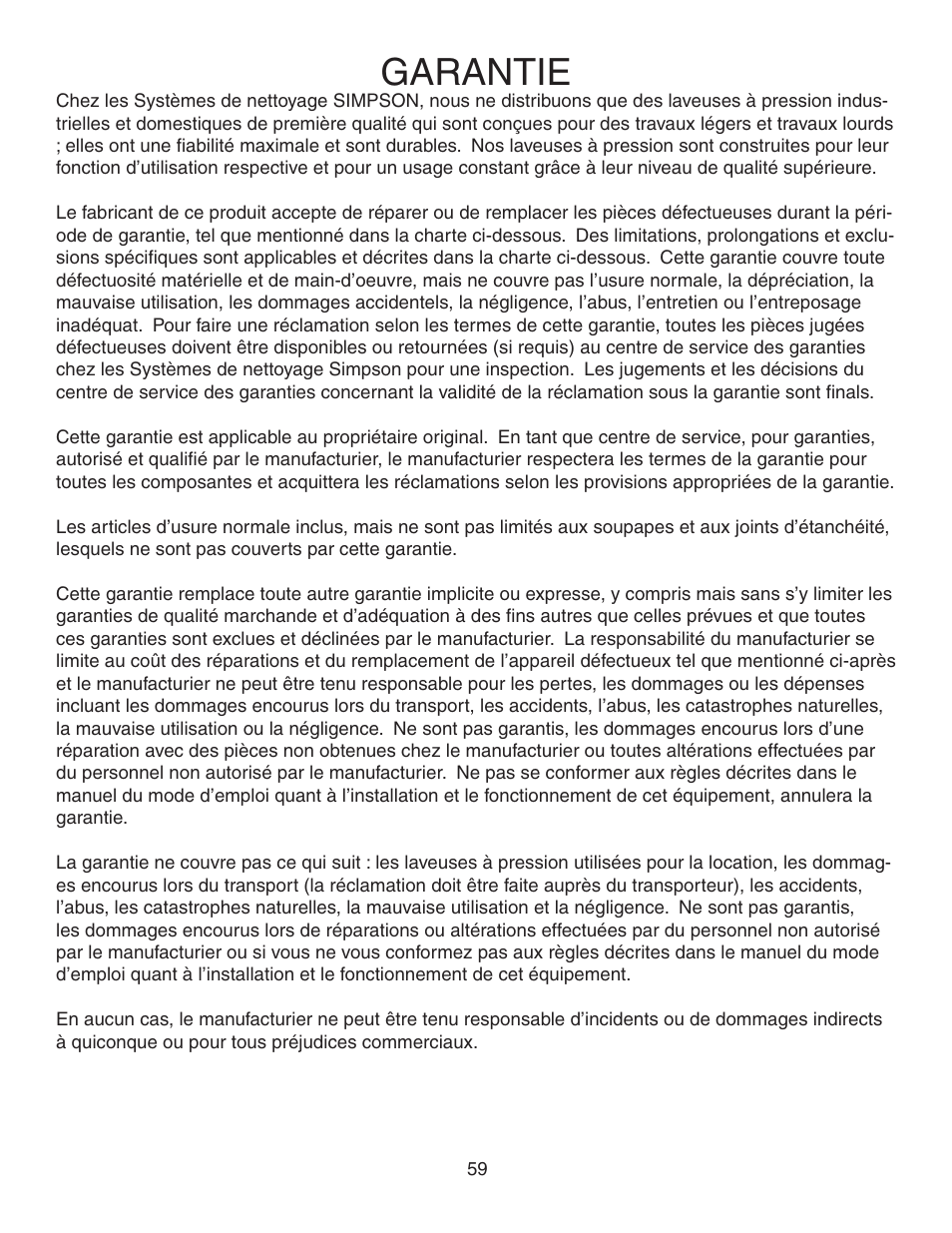 Garantie | Simpson MEGASHOT V3100 User Manual | Page 59 / 62