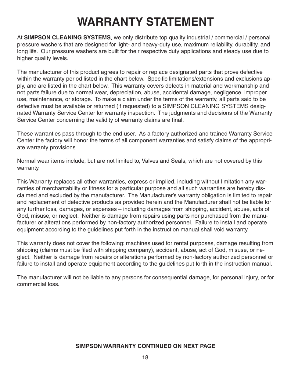 Warranty statement | Simpson MSV2600 User Manual | Page 18 / 40