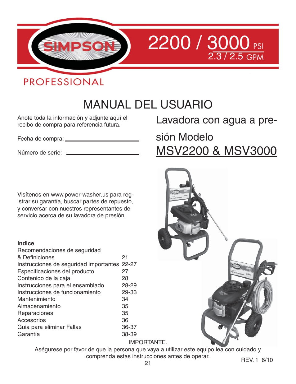 Manual del usuario, Lavadora con agua a pre- sión modelo | Simpson MSV2600 User Manual | Page 21 / 40