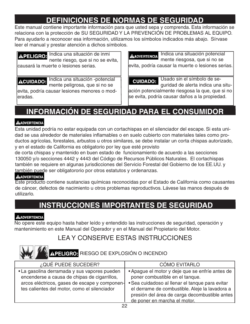 Definiciones de normas de seguridad, Información de seguridad para el consumidor, Instrucciones importantes de seguridad | Lea y conserve estas instrucciones | Simpson MSV2600 User Manual | Page 22 / 40