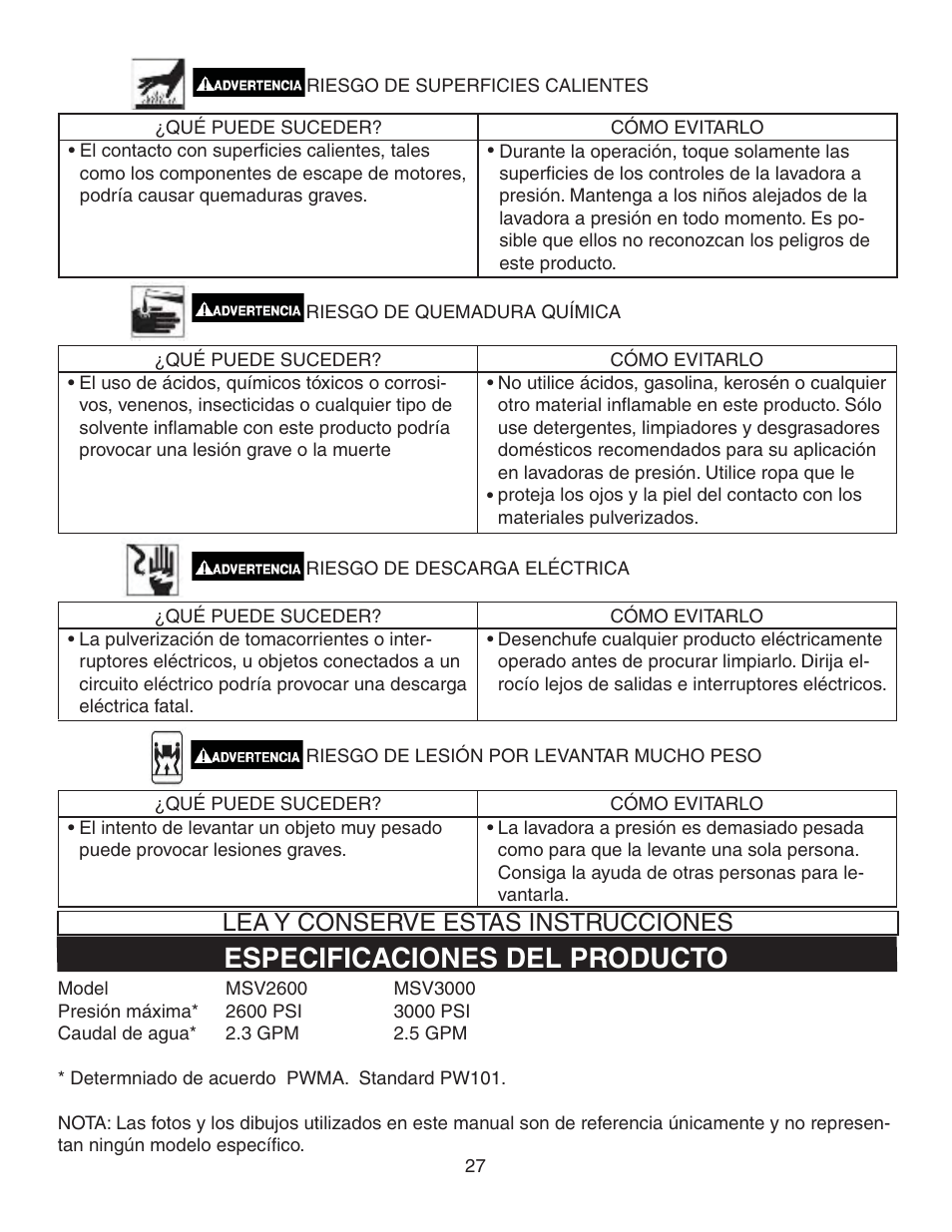 Especificaciones del producto, Lea y conserve estas instrucciones | Simpson MSV2600 User Manual | Page 27 / 40